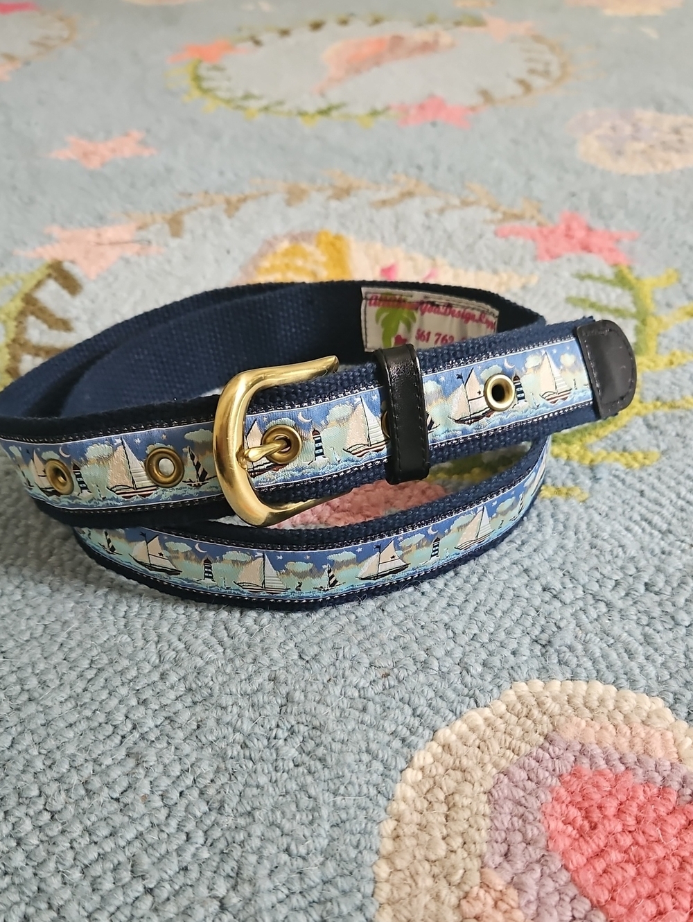 Navy Sailboat Print Webbed Belt with Gold Buckle And Leather Trim